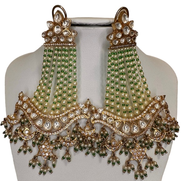 Indian Kundan Party Earrings, Length 8.5 inches, Microbeaded Pearls, Gold Plated - Picture 3 of 3